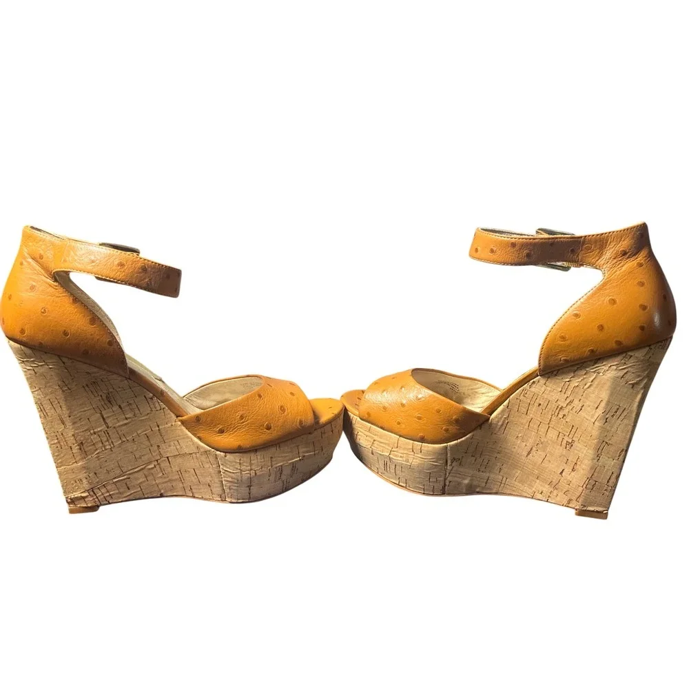 Michael Kors Ostrich Embossed Leather Cork Platform Wedge Sandals Tan 7.5M Boho